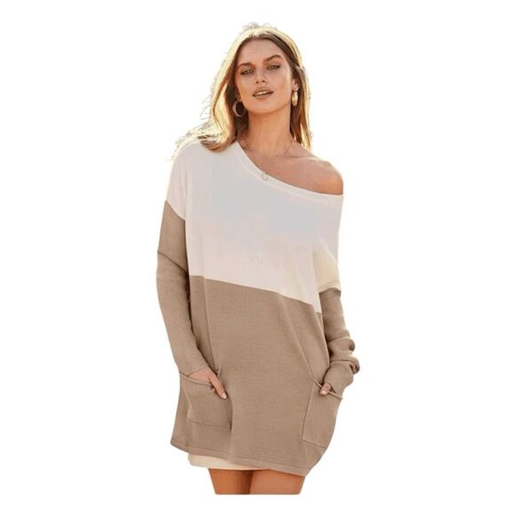 Pretty Garden Colorblock Sweater Mini Dress Cream Tan Knit S - Picture 1 of 10